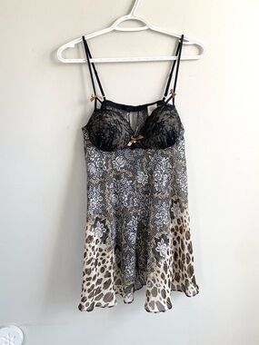 IN BLOOM SHEER BROWN CREAM BLACK SLIP NEGLIGEE PADDED LACE BRA STRAPS GOLD HEART